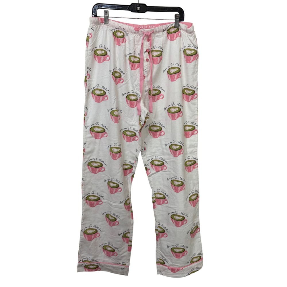Live Life Cozy Womens Love You So Matcha Cotton Pajama Pants White Pink Large